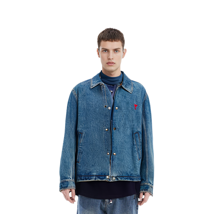 Sizing AMI PARIS SS22 心形刺绣标志水洗牛仔夹克 男女同款 蓝色 HJK205603-448