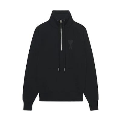 AMI Paris SS22 Logo Heart Half-Zip Pullover Jacket Black Sweater. USW502-747001
