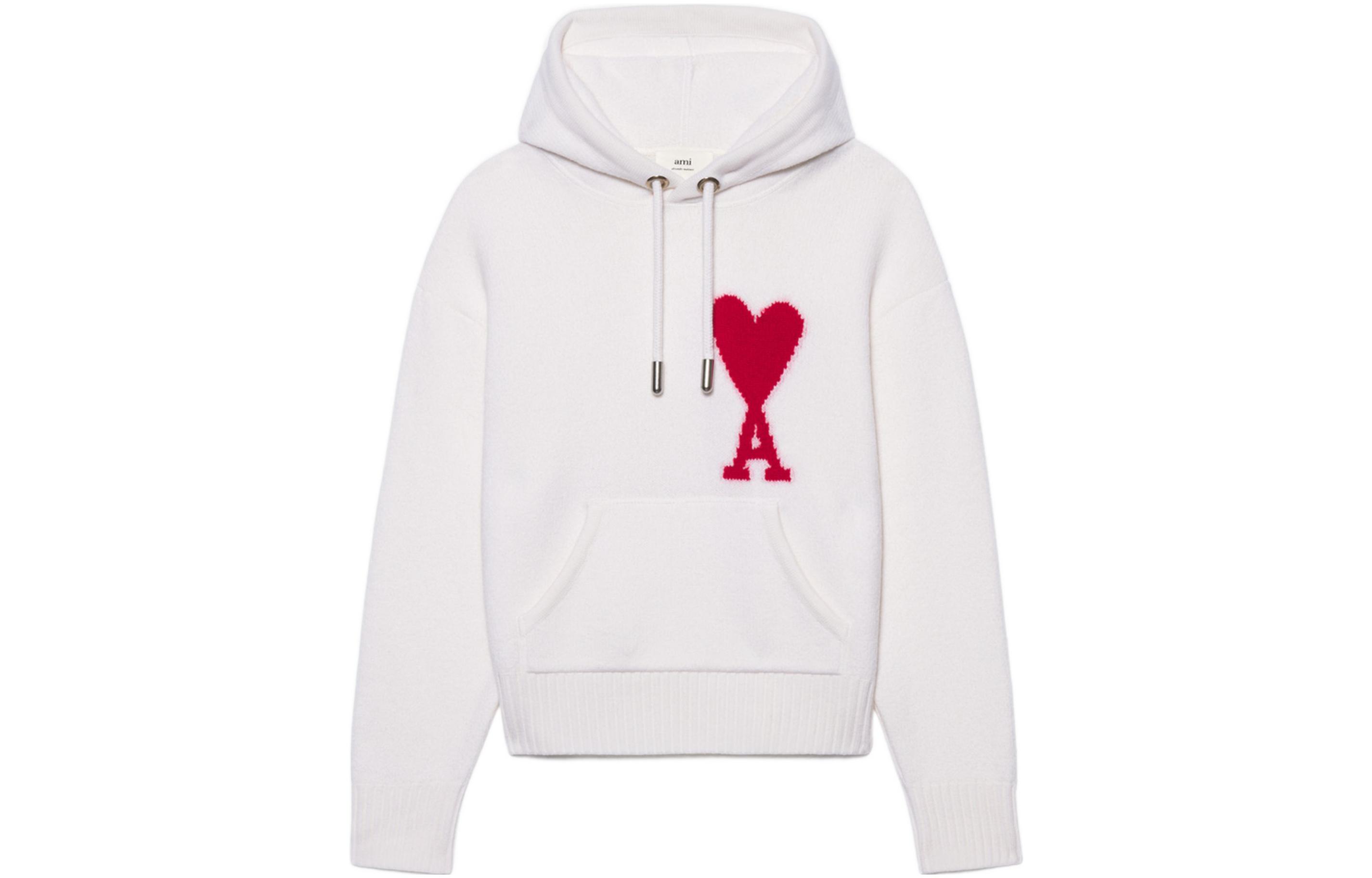 AMI PARIS SS22 Logo Heart Patch Drawstring Pullover Hoodie White Unisex UKS802018-102