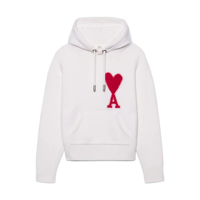 AMI PARIS SS22 Logo Heart Patch Drawstring Pullover Hoodie White Unisex UKS802018-102