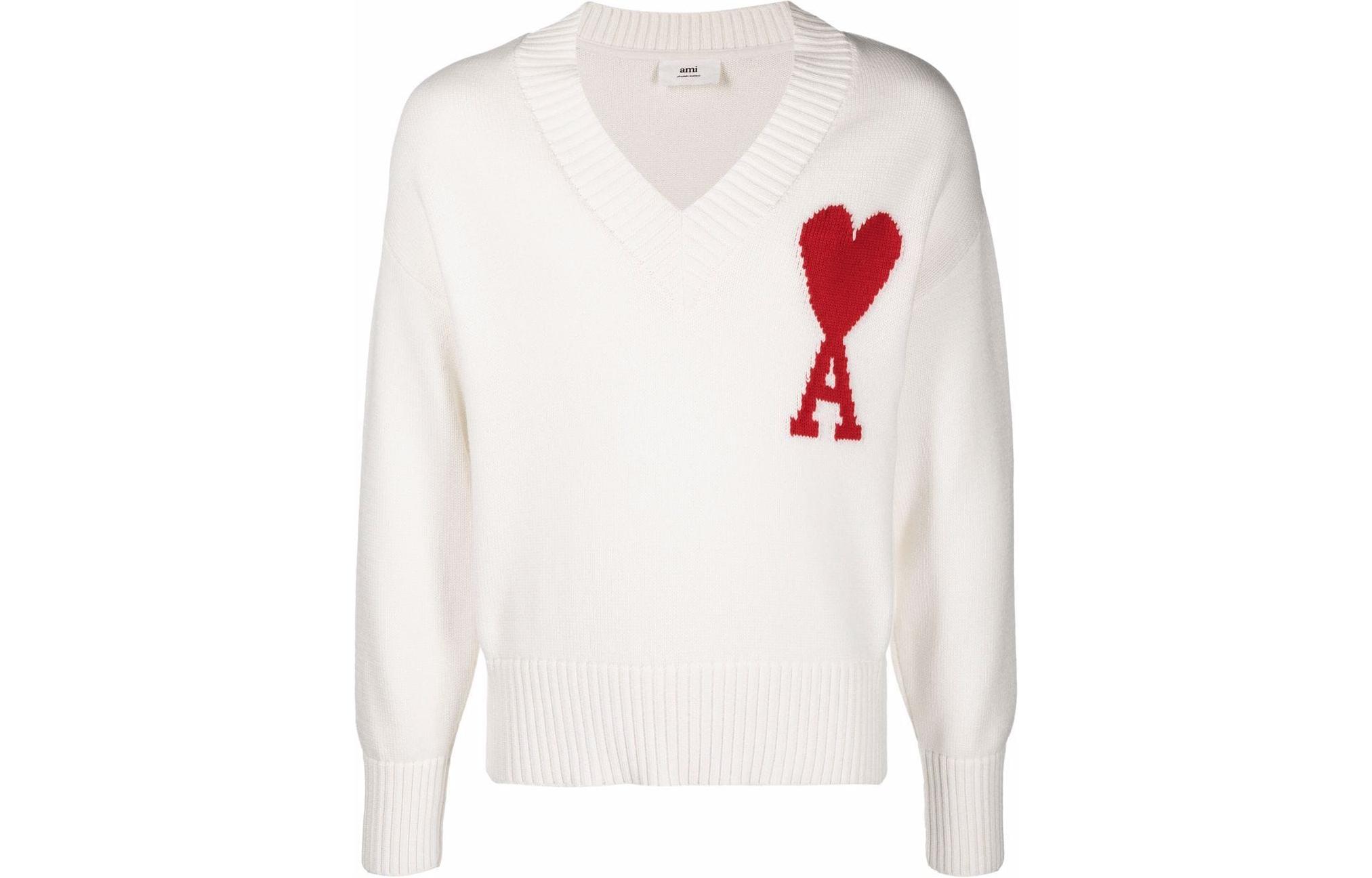 AMI Paris SS22 Logo Heart V-Neck Pullover Sweater White UKS203016102