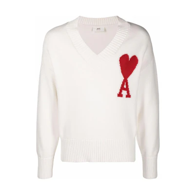 AMI Paris SS22 Logo Heart V-Neck Pullover Sweater White UKS203016102