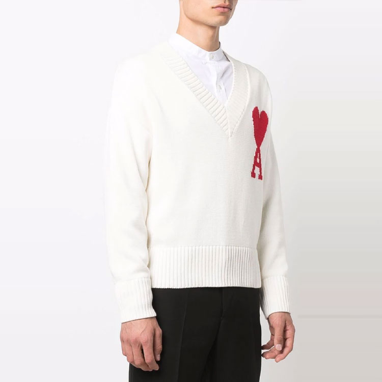 Purchase 아미 파리 SS22 로고 하트 브이넥 풀오버 스웨터 화이트 UKS203016102