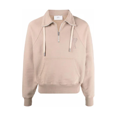 AMI Paris SS22 Logo Print Zip Pullover Sweatshirt Unisex Beige USW502747-267