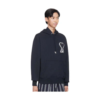 AMI Paris SS22 Navy Blue Pullover Sweatshirt with Heart Logo Print for Men. SPEUSW211747-410