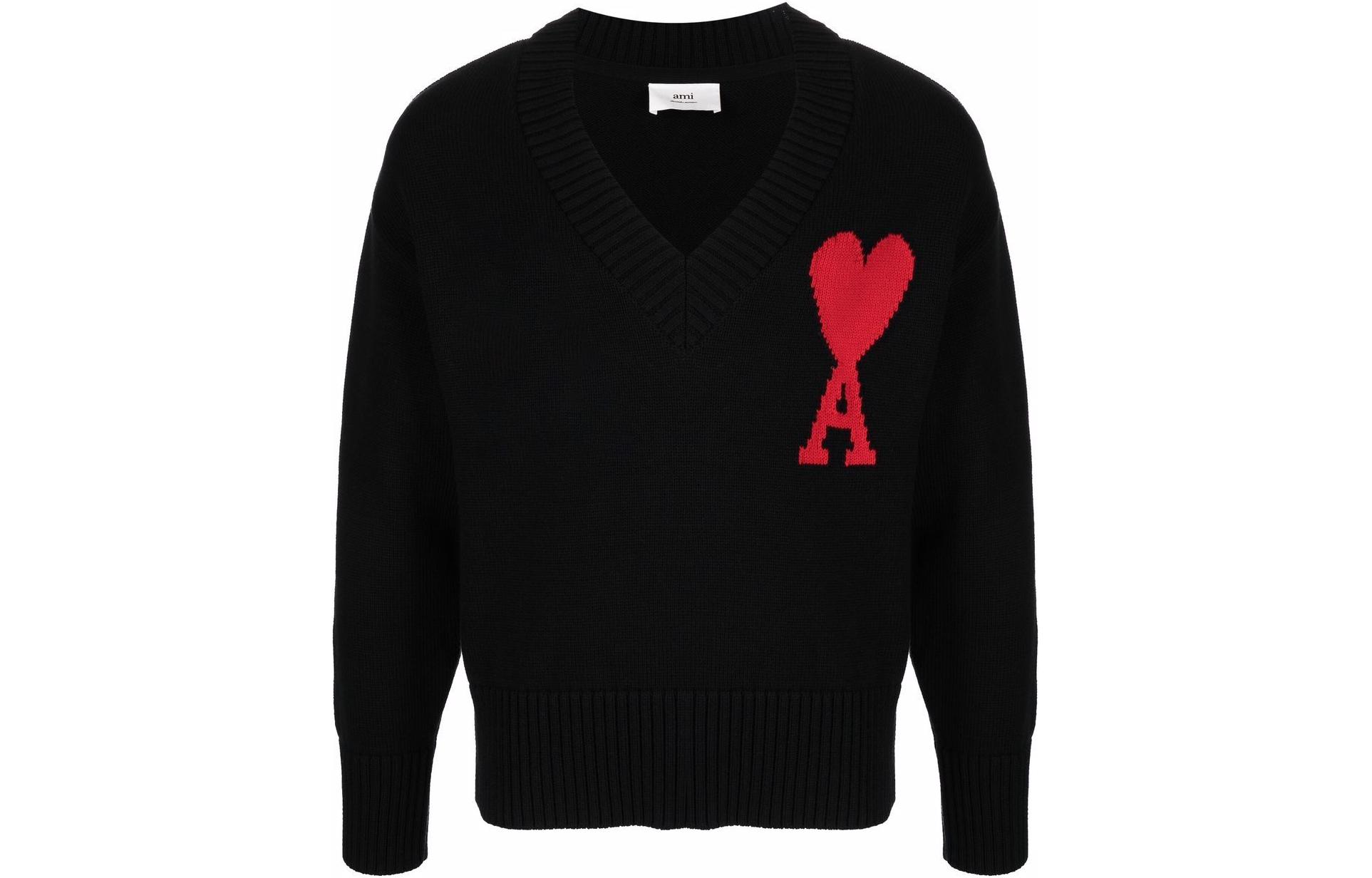 AMI Paris SS22 Oversized Heart V-Neck Pullover Sweater Unisex Black UKS203016-009