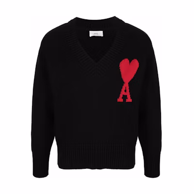 AMI Paris SS22 Oversized Heart V-Neck Pullover Sweater Unisex Black UKS203016-009
