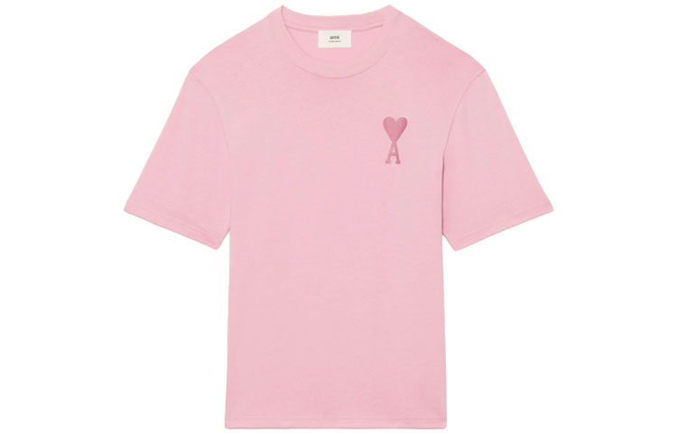 AMI Paris SS22 Pink Candy Heart Logo Embroidered Unisex Crewneck T-Shirt UTS002726-655