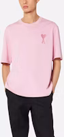 Shop AMI Paris SS22 Pink Candy Heart Logo Embroidered Unisex Crewneck T-Shirt UTS002726-655