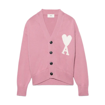 AMI Paris SS22 Pink Heart Logo V-Neck Sweater Unisex Fit Pullover. UKC003016-659
