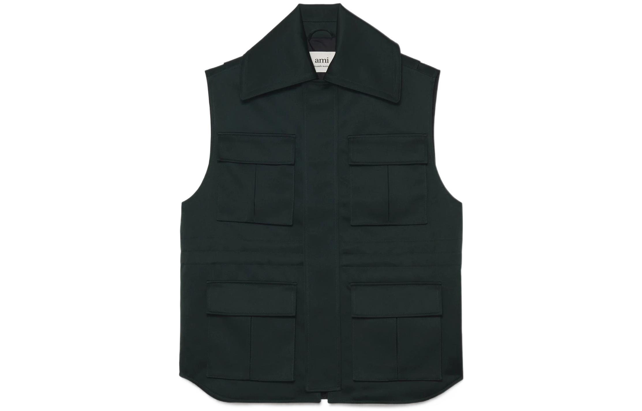 AMI PARIS SS22 Sleeveless Multi-Pocket Jacket Dark Green HJK001-225311