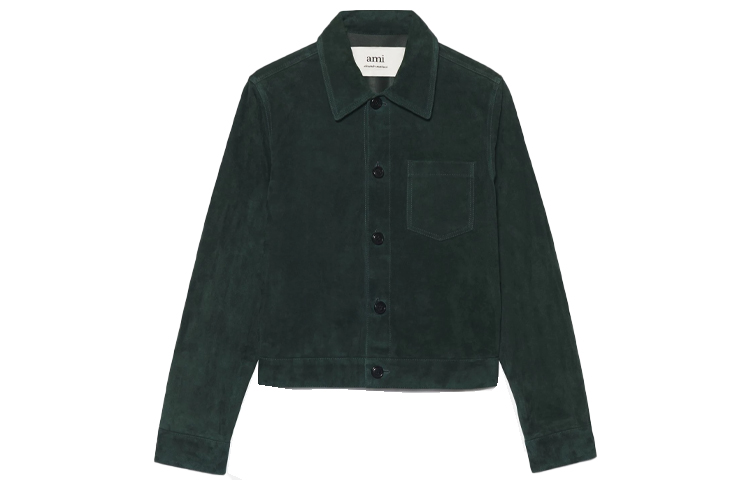 AMI PARIS SS22 Suede Button-Up Long Sleeve Jacket Green () HJK203503-311