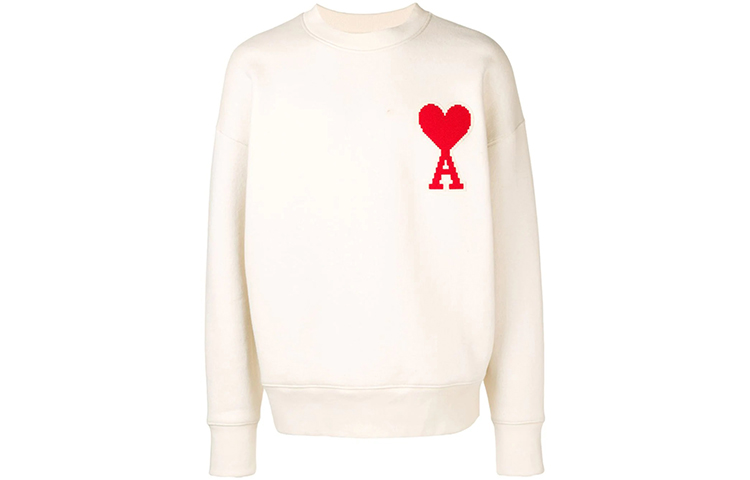 AMI PARIS SS22 White Crewneck Sweatshirt with Red Heart Logo Patch H19J037746-150