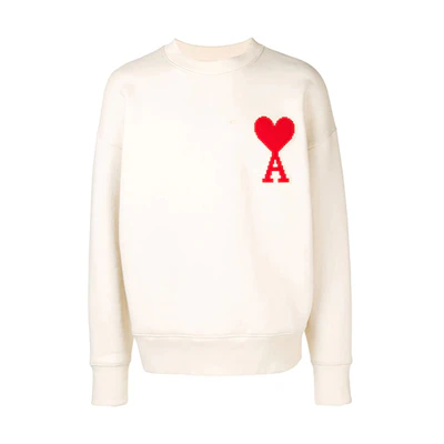 AMI PARIS SS22 White Crewneck Sweatshirt with Red Heart Logo Patch H19J037746-150