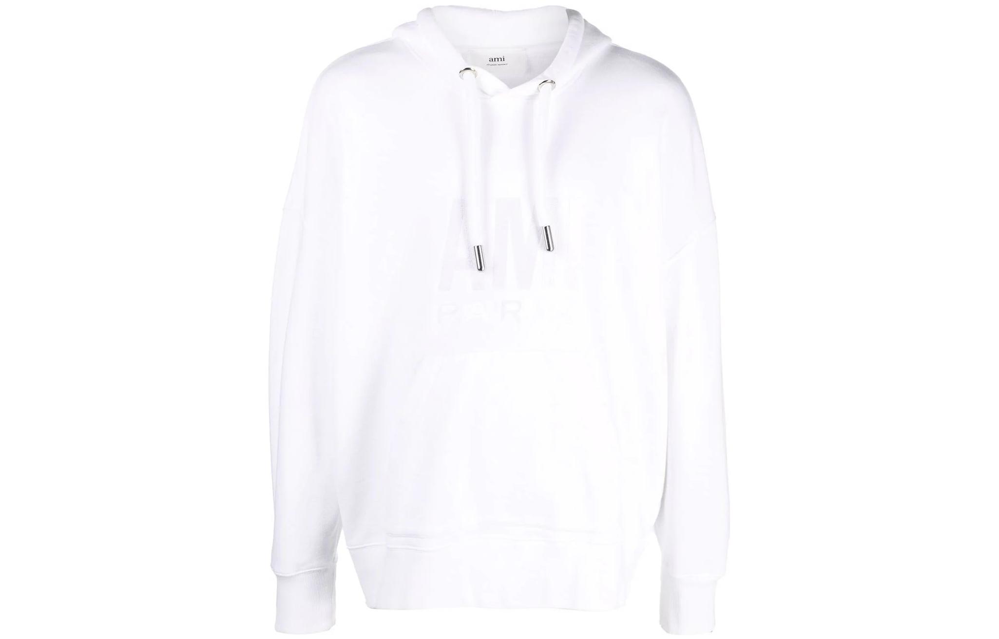 AMI PARIS SS22 White Logo Print Hoodie Unisex Casual Long Sleeve Autumn Wear USW203731-100