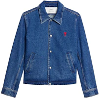 AMI Paris SS23 Blue Denim Jacket with Embroidered Logo and Pointed Collar. HJK205DE0001-480 AMI Paris SS23 Blue Denim Jacket with Embroidered Logo and Pointed Collar. HJK205DE0001-480