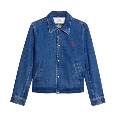 AMI Paris SS23 Blue Denim Jacket with Embroidered Logo and Pointed Collar. HJK205DE0001-480