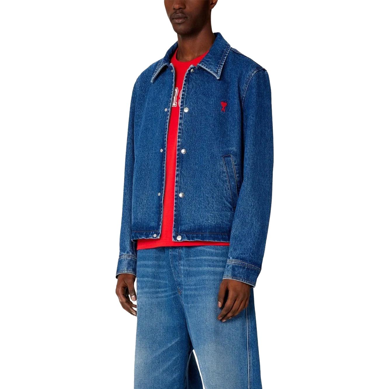 AMI Paris SS23  Blue Denim Jacket with Embroidered Logo and Pointed Collar. HJK205DE0001-480 圖 5