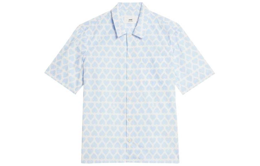 AMI Paris SS23  Blue Heart Print Short Sleeve Shirt. HSH203CO0029-475