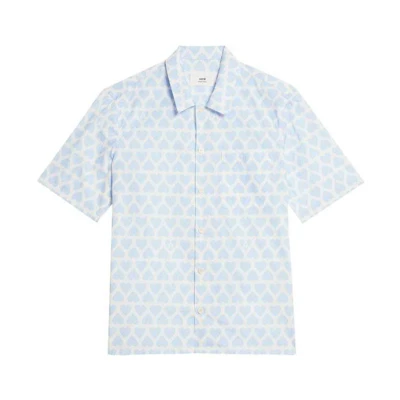 AMI Paris SS23 Blue Heart Print Short Sleeve Shirt. HSH203CO0029-475