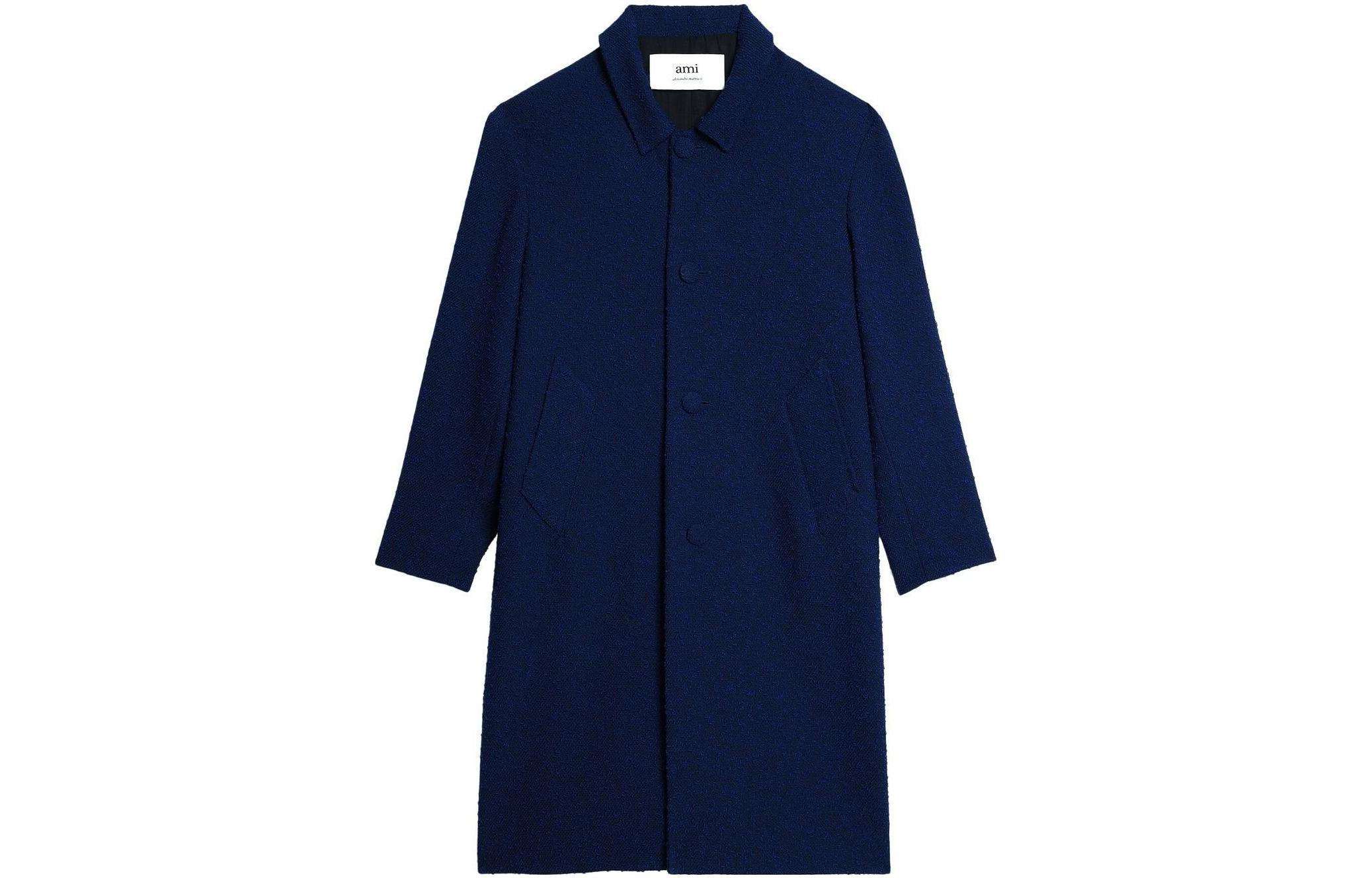 Order AMI PARIS SS23 Kot Panjang Klasik Biru Tweed Single-Breasted. HCO003WV0001-491