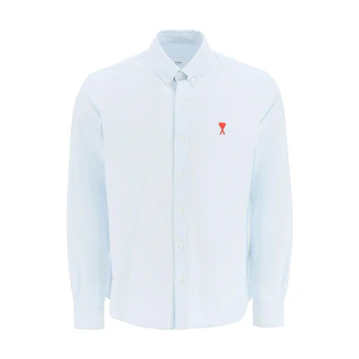 AMI PARIS SS23 Light Blue Striped Long Sleeve Shirt with Logo Embroidery. BFHSH113CO0021-475