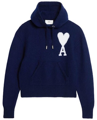 AMI PARIS SS23 寬鬆版愛心標誌針織連帽衫 藍色 UKS802KN0018-493 Order AMI PARIS SS23 寬鬆版愛心標誌針織連帽衫 藍色 UKS802KN0018-493