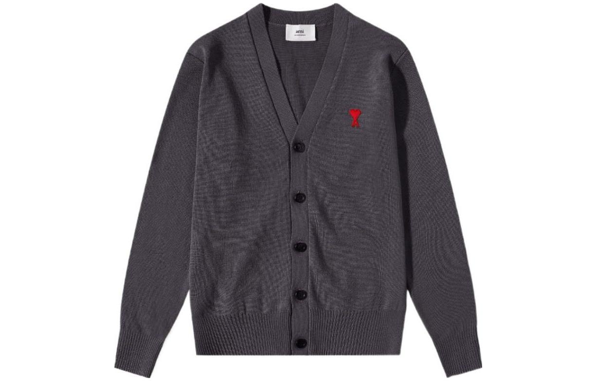 AMI Paris SS23  Smoke Gray Merino Wool Cardigan Sweater with Heart Pattern. HKC111KN0025-055