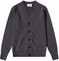 AMI Paris SS23 Smoke Gray Merino Wool Cardigan Sweater with Heart Pattern. HKC111KN0025-055 AMI Paris SS23 Smoke Gray Merino Wool Cardigan Sweater with Heart Pattern. HKC111KN0025-055