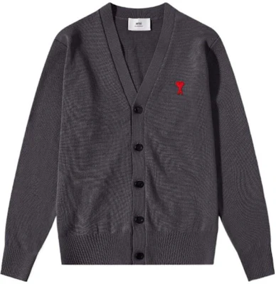 AMI Paris SS23 Smoke Gray Merino Wool Cardigan Sweater with Heart Pattern. HKC111KN0025-055 Buy AMI Paris SS23 Smoke Gray Merino Wool Cardigan Sweater with Heart Pattern. HKC111KN0025-055