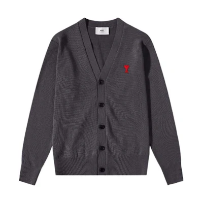 AMI Paris SS23 Smoke Gray Merino Wool Cardigan Sweater with Heart Pattern. HKC111KN0025-055