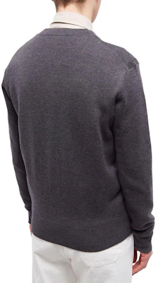 AMI Paris SS23 Smoke Gray Merino Wool Cardigan Sweater with Heart Pattern. HKC111KN0025-055 Shop AMI Paris SS23 Smoke Gray Merino Wool Cardigan Sweater with Heart Pattern. HKC111KN0025-055