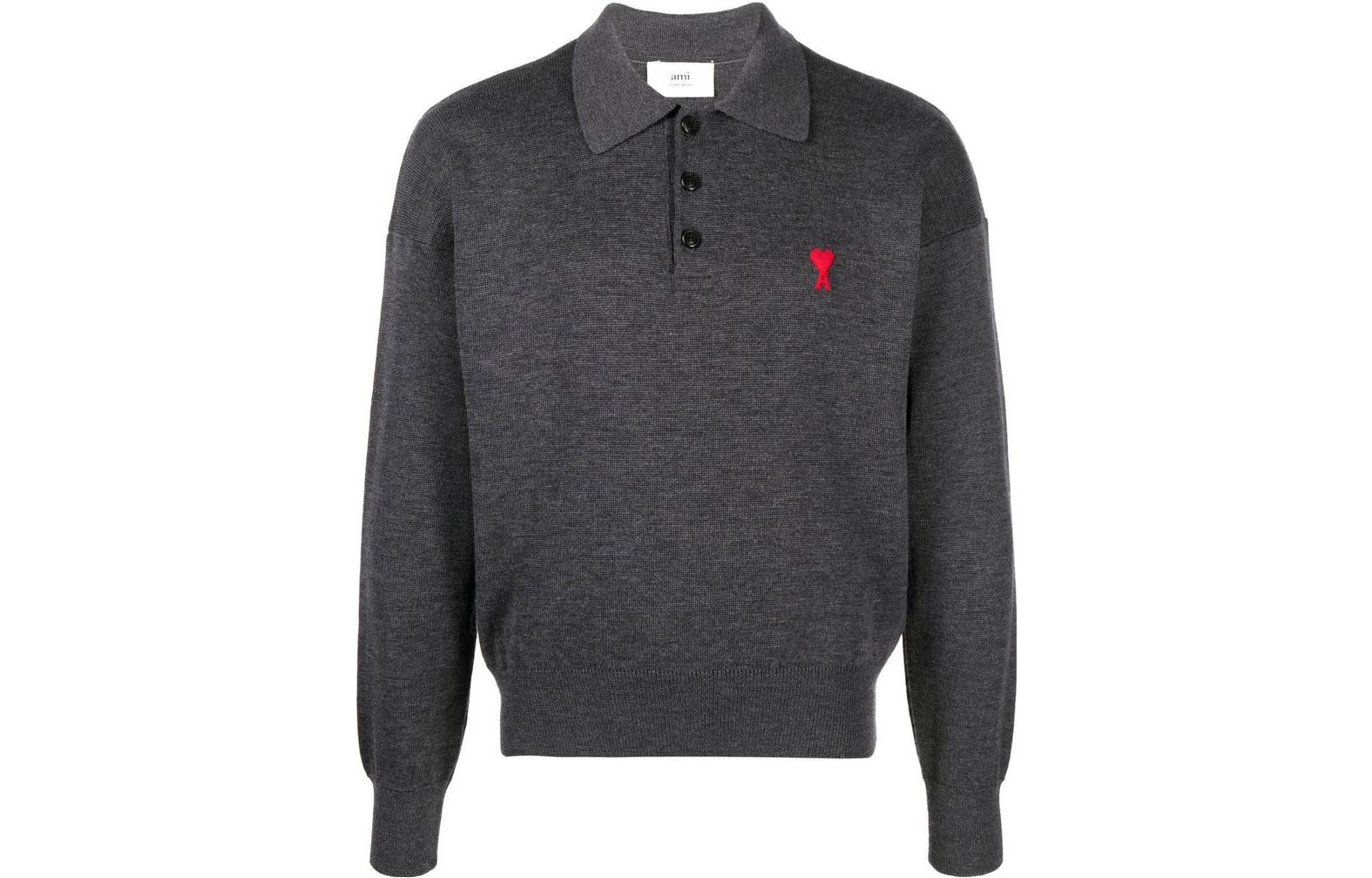 AMI Paris SS23  Solid Button Square-Neck Knit Sweater Dark Grey. HPL301.001-0551