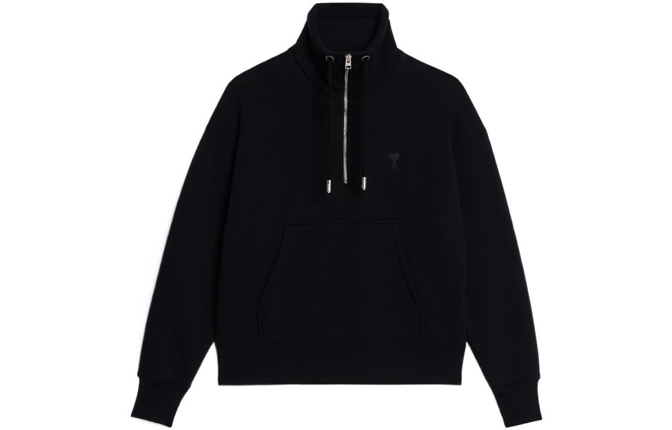 AMI PARIS SS23 Black Half-Zip Pullover Embroidered Sweatshirt Unisex USW512740-001