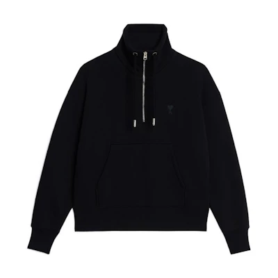 AMI PARIS SS23 Black Half-Zip Pullover Embroidered Sweatshirt Unisex USW512740-001
