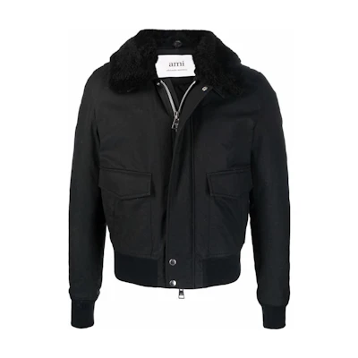 AMI PARIS SS23 Black Solid Color Jacket with Fur Collar Detail HJK047242