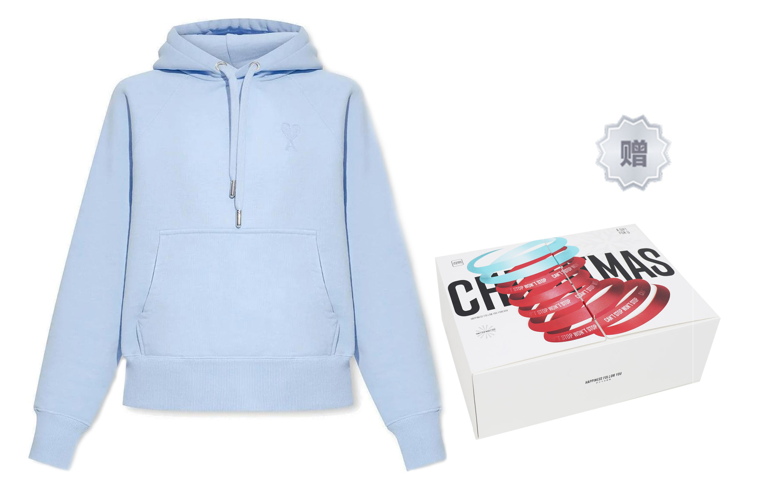 Lookbook AMI Paris SS23 Blue Hoodie Unisex with Tonal Heart Embroidery Casual Style. USW204747-464