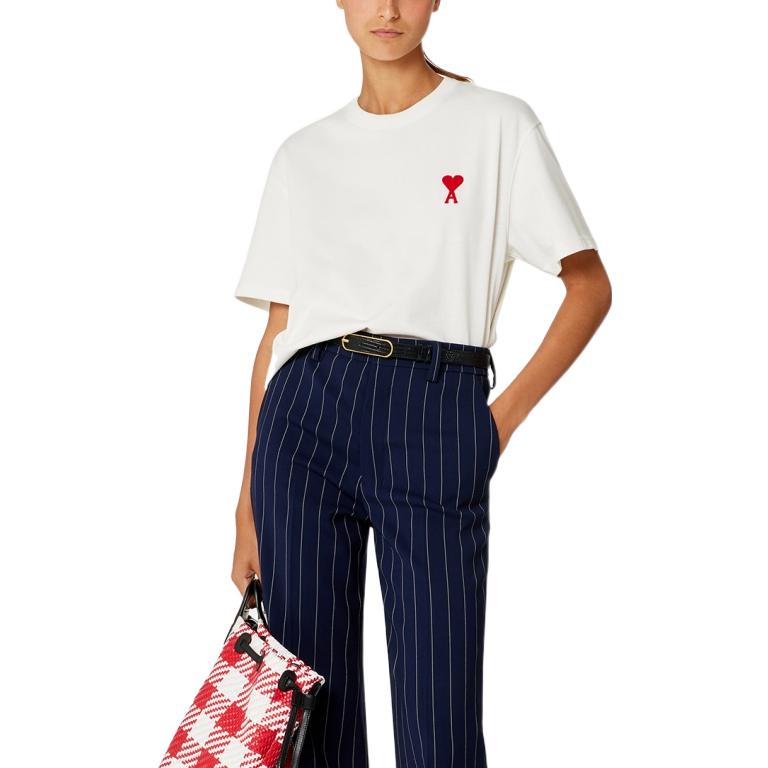 Details for 아미 파리 SS23 클래식 유니섹스 릴렉스핏 화이트 티 레드 하트 자수. UTS004726-175