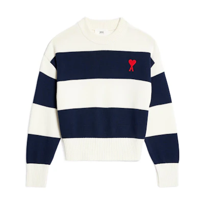 AMI PARIS SS23 Colorblock Striped Logo Embroidered Crewneck Sweater Blue White Men UKS009016497