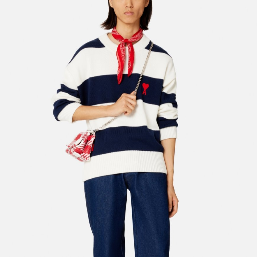 Shop AMI PARIS SS23拼色條紋刺繡Logo圓領毛衣 藍白 男款 UKS009016497