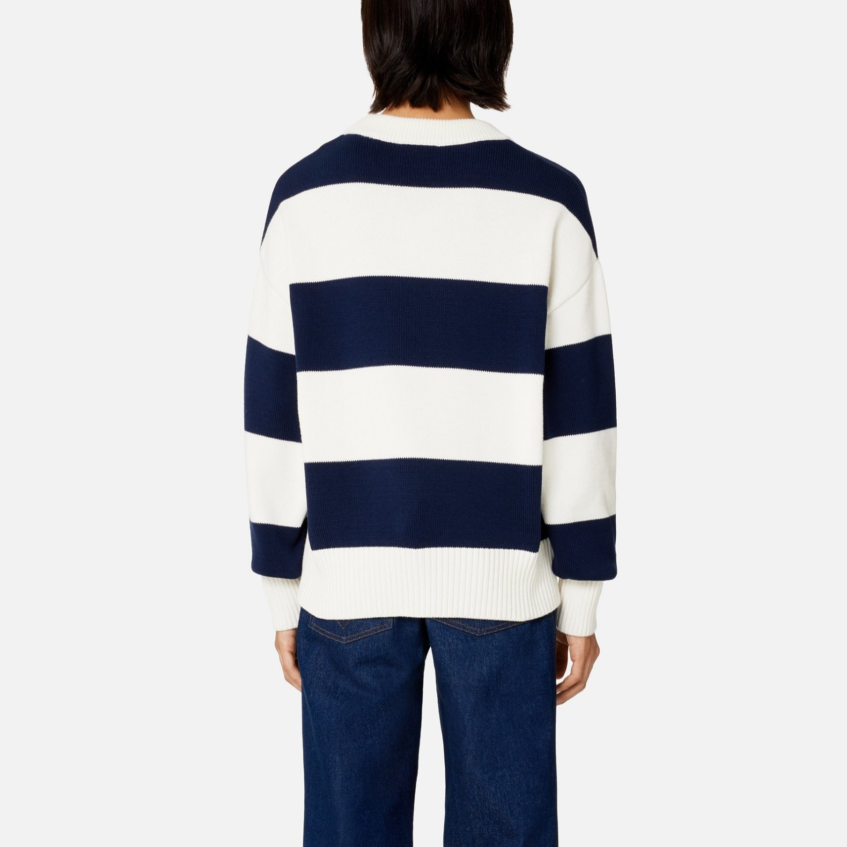 Purchase AMI PARIS SS23拼色條紋刺繡Logo圓領毛衣 藍白 男款 UKS009016497