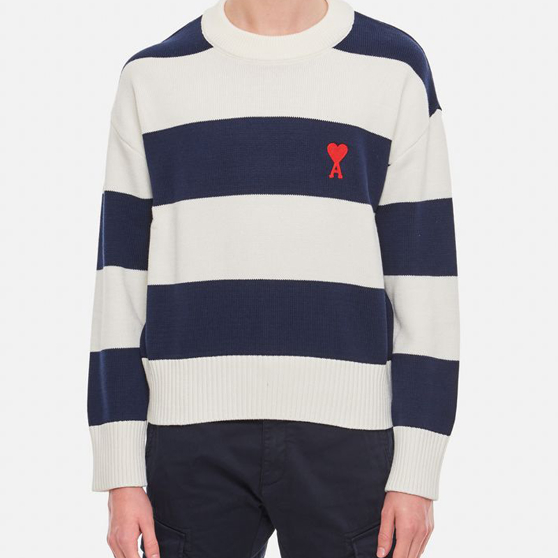 Details for AMI PARIS SS23拼色條紋刺繡Logo圓領毛衣 藍白 男款 UKS009016497