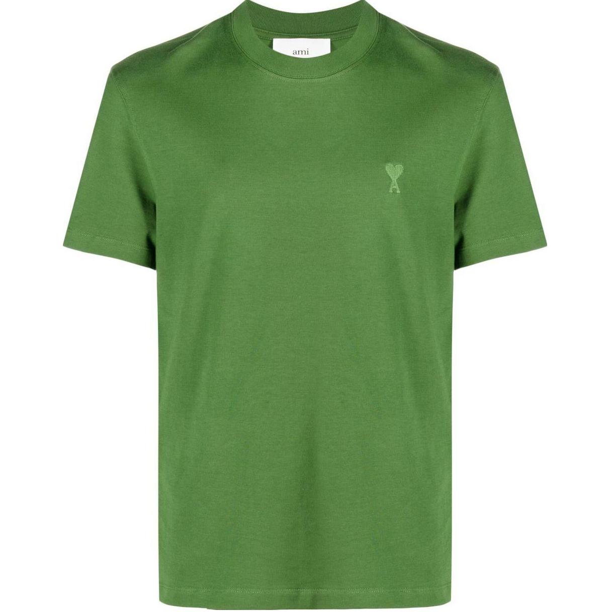 AMI PARIS SS23 Green Heart Embroidered Crewneck Short Sleeve T-Shirt Men. UTS022726-311
