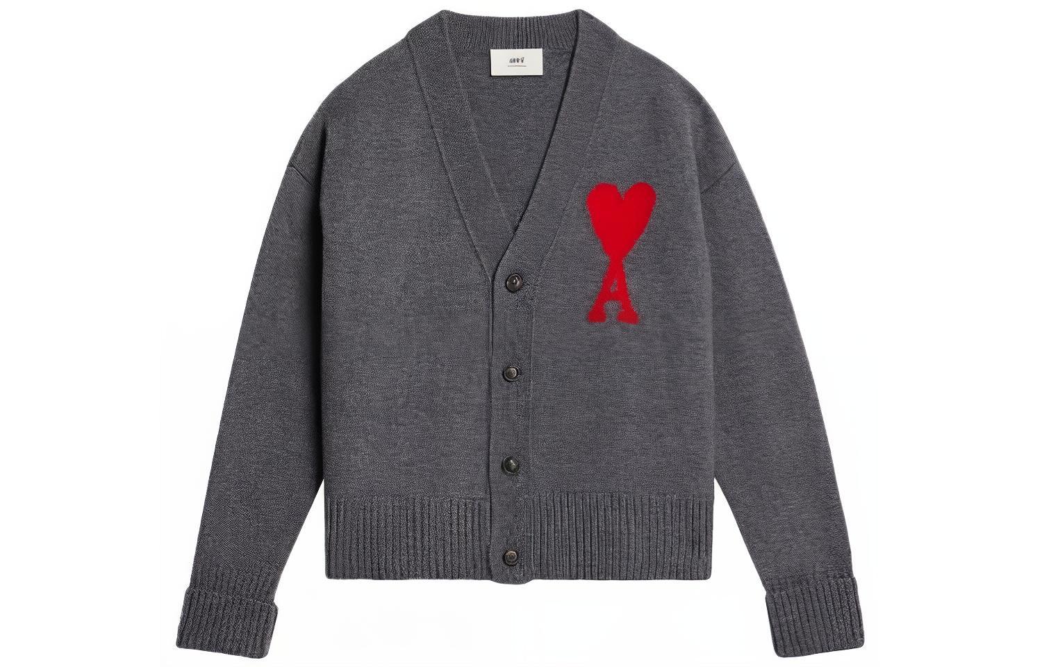 AMI PARIS SS23 Grey Heart Logo Knit Cardigan Sweater Unisex UKC002018-084