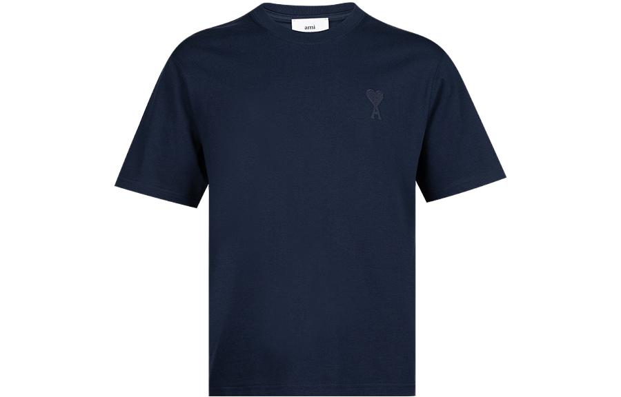 AMI PARIS SS23 Heart Print Navy Blue Crewneck Short-Sleeve T-Shirt for Men UTS004726-496