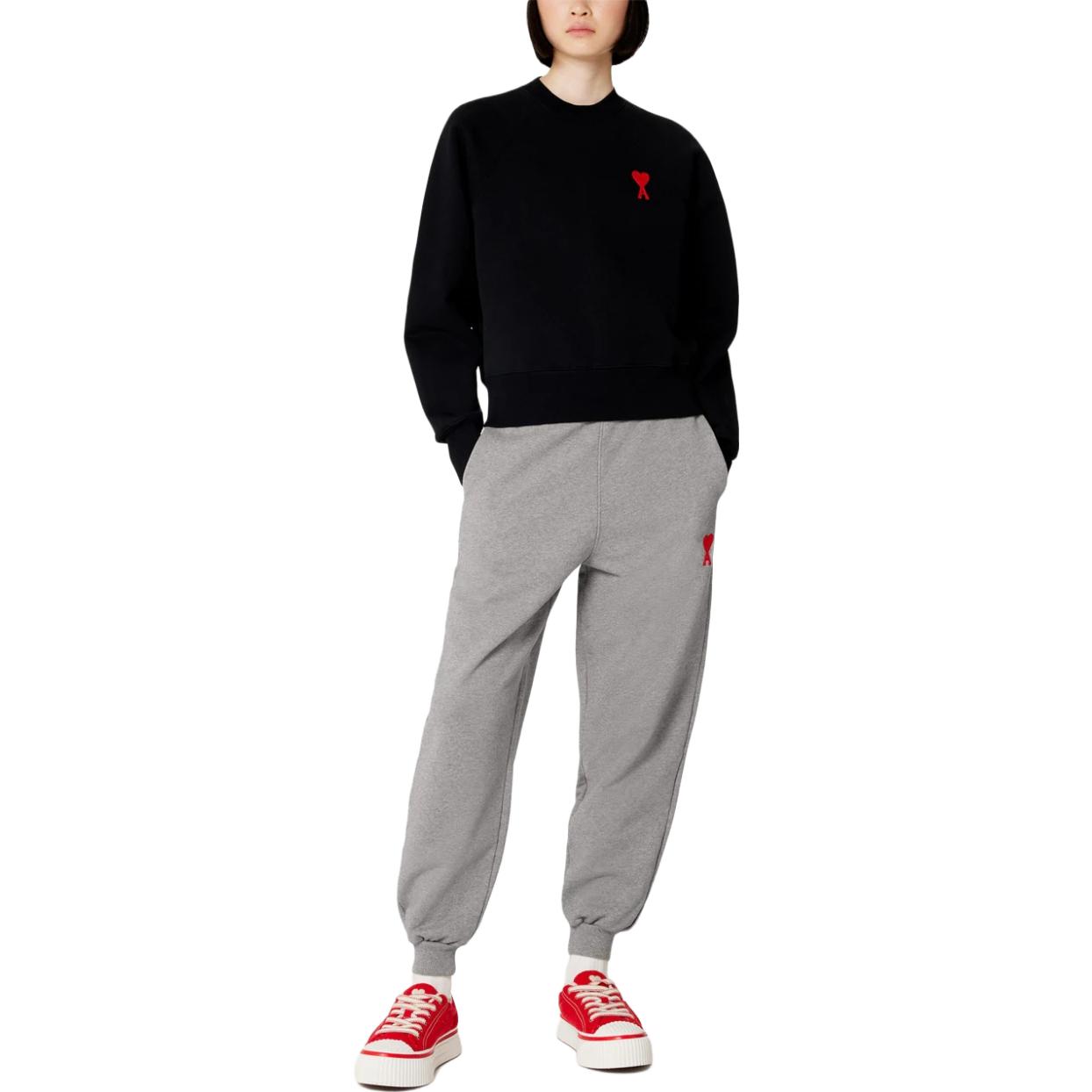 Shop AMI Paris SS23 刺繡標誌灰色針織休閒褲 男女中腰版型 UTR2047470-501