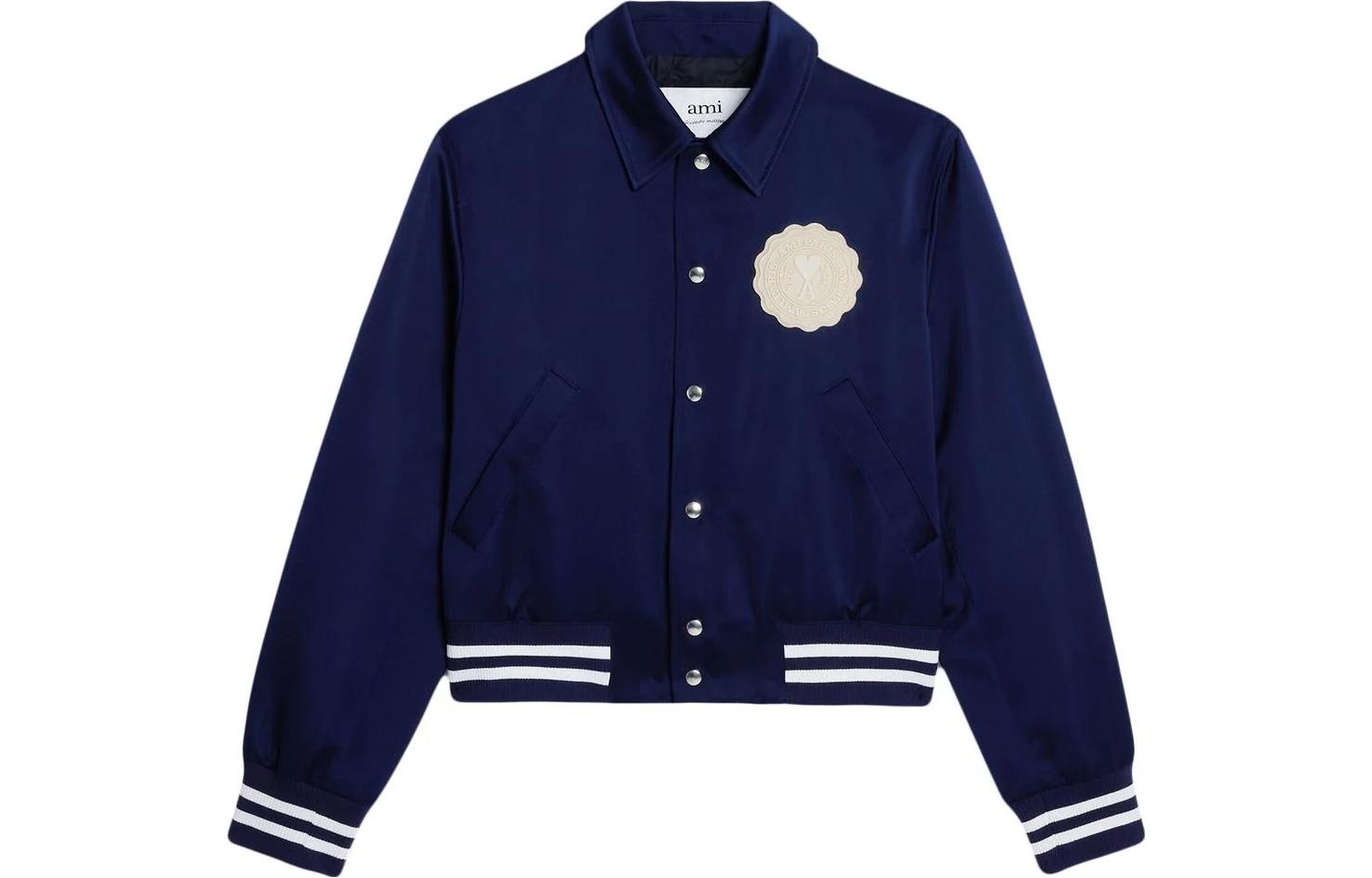 AMI PARIS SS23 Logo Pattern Button-Up Pilot Jacket Unisex Blue UJK219PL0011-491