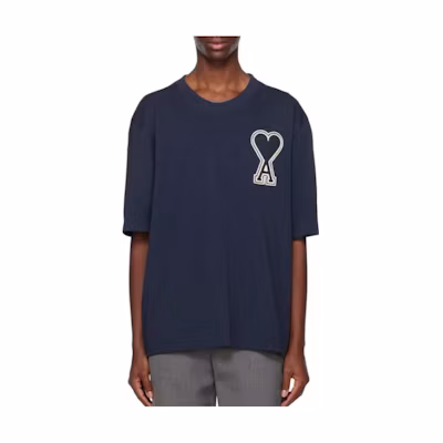 AMI Paris SS23 Navy Blue Heart Logo Print Crewneck T-Shirt . UTS002726-4003