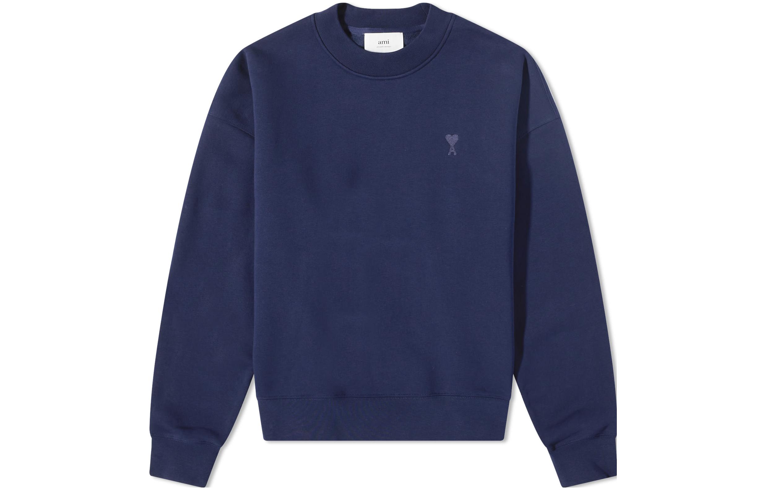 AMI PARIS SS23 Navy Blue Heart Print Crewneck Sweatshirt Mens Long Sleeve USW012-740491