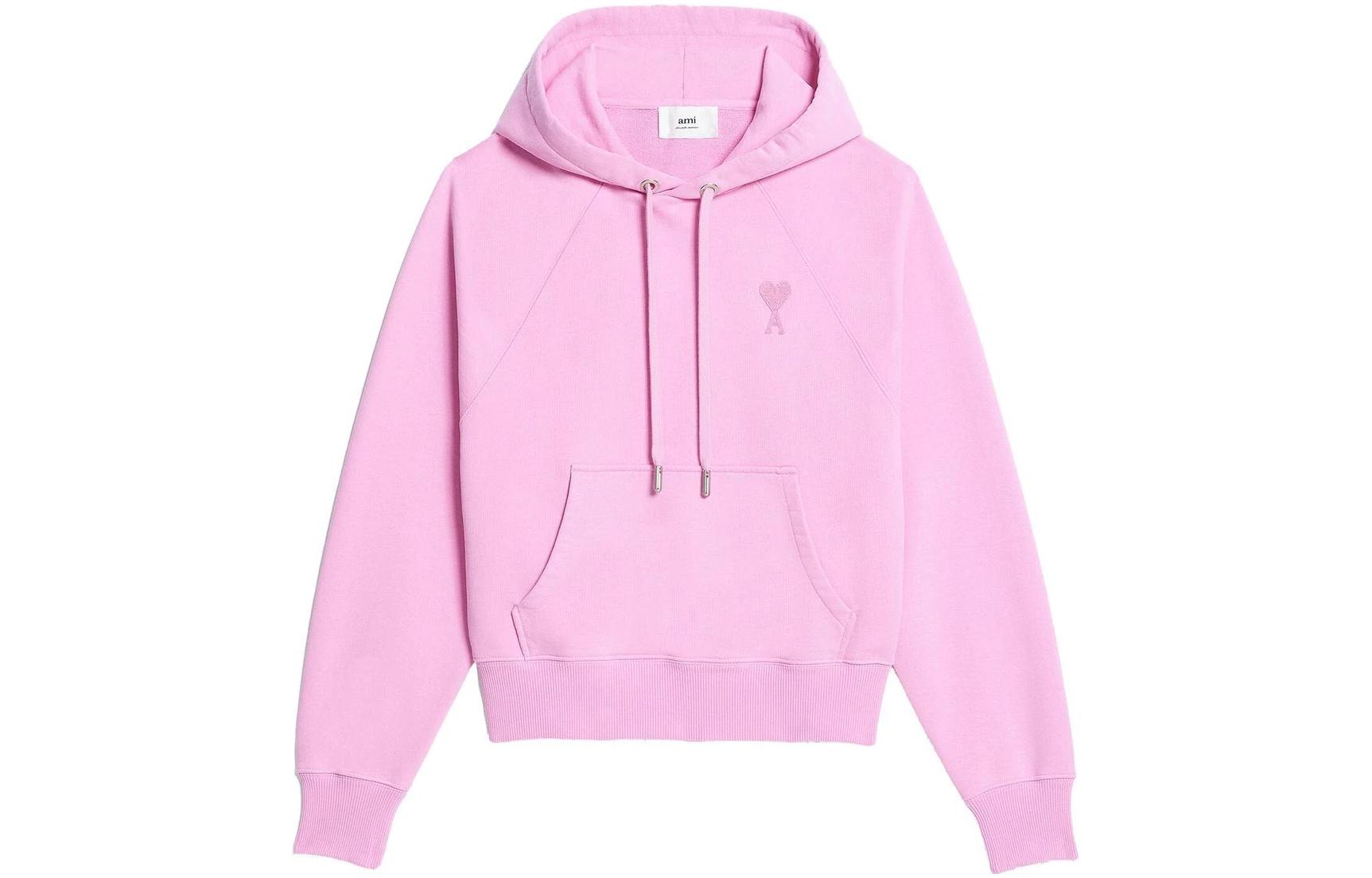 AMI PARIS SS23 Pink Heart Embroidered Hoodie Unisex Casual Pullover USW204747-663